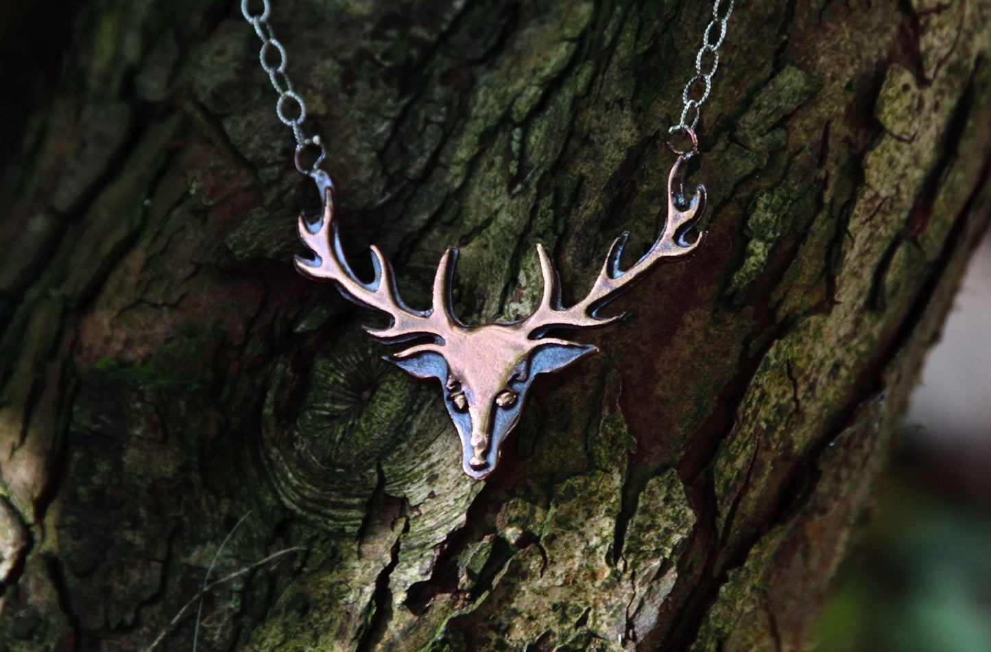 Copper handmade large stags head antler necklace , copper deer antler pendant