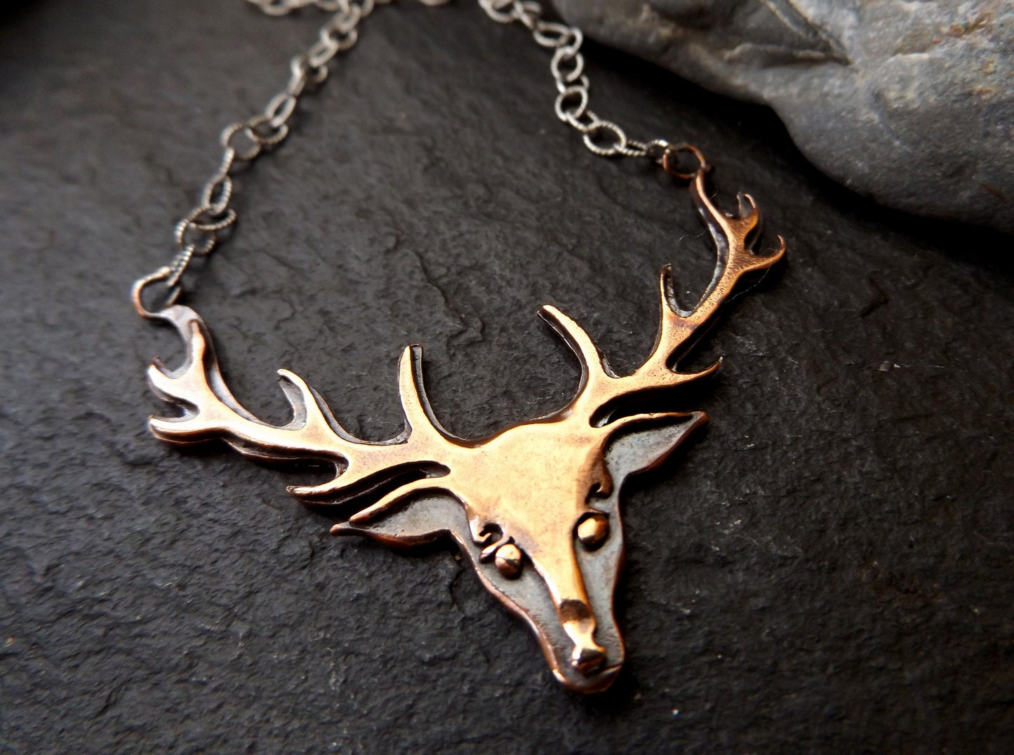 Copper handmade large stags head antler necklace , copper deer antler pendant