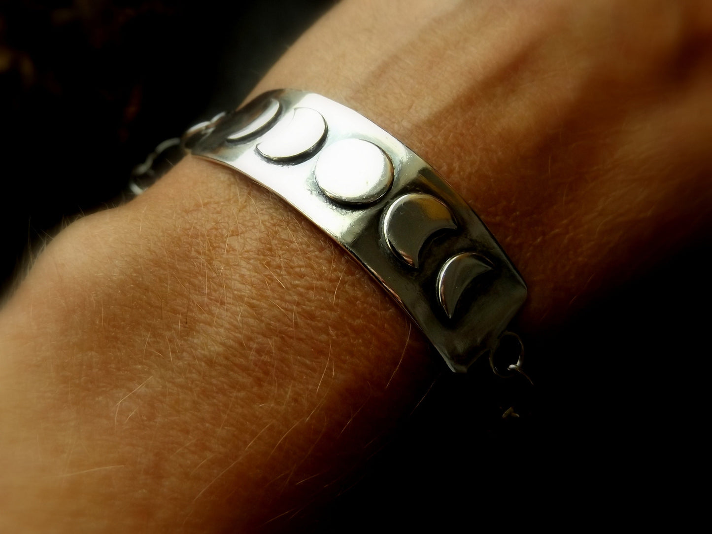Silver moon phase bar bracelet with clasp and moon charm , sterling silver moon bracelet