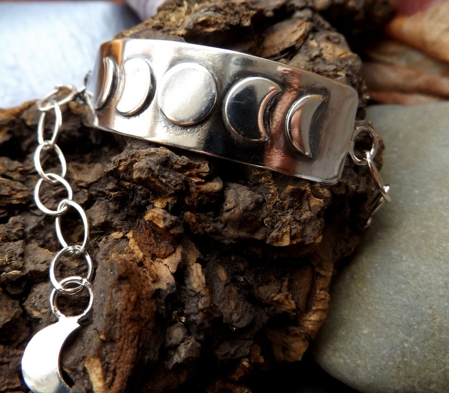 Silver moon phase bar bracelet with clasp and moon charm , sterling silver moon bracelet