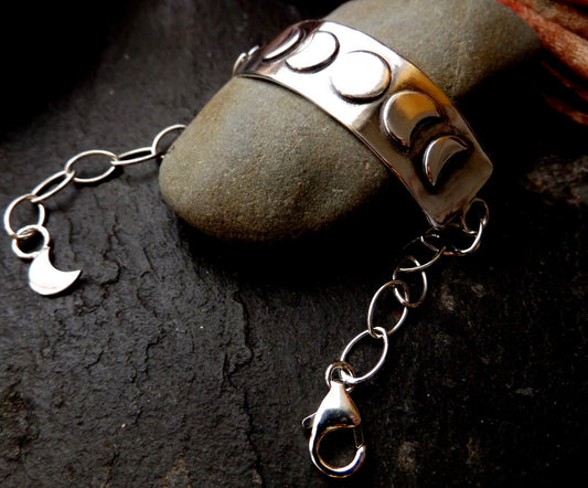 Silver moon phase bar bracelet with clasp and moon charm , sterling silver moon bracelet