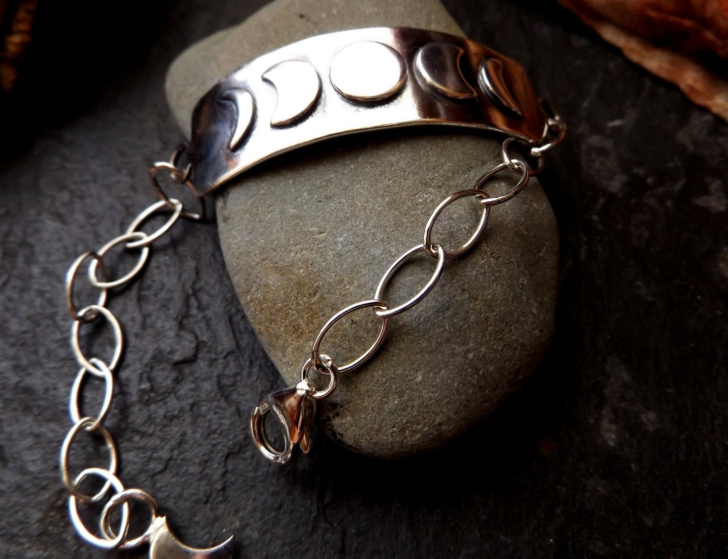 Silver moon phase bar bracelet with clasp and moon charm , sterling silver moon bracelet