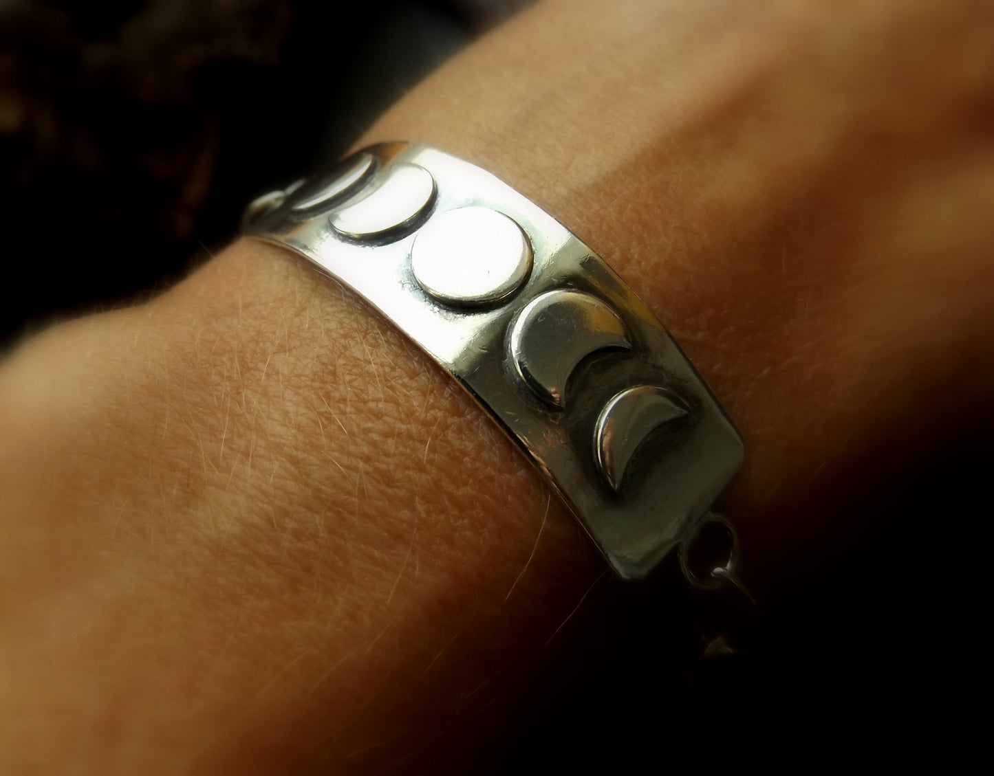 Silver moon phase bar bracelet with clasp and moon charm , sterling silver moon bracelet