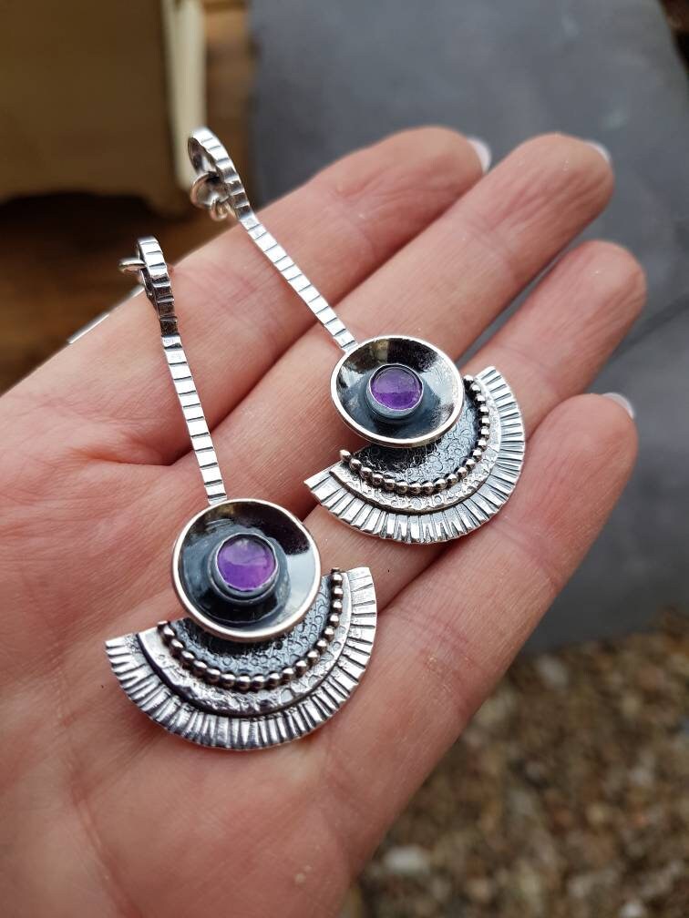 Silver Amethyst Dangle drop tribal style earrings with texture and patina