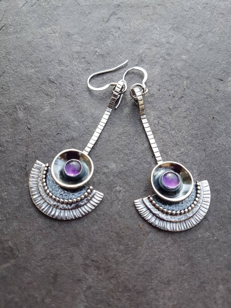 Silver Amethyst Dangle drop tribal style earrings with texture and patina
