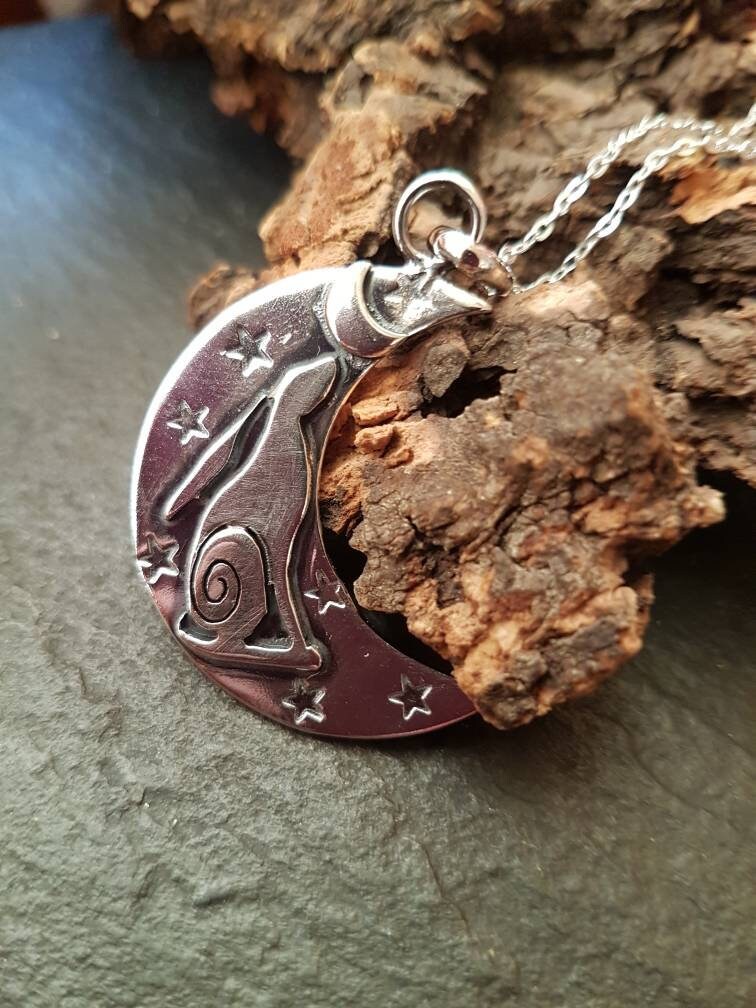 Silver Crescent Moon  with moon gazing hare and stars  Pendant necklace Stamped large crescent moon pendant with chain