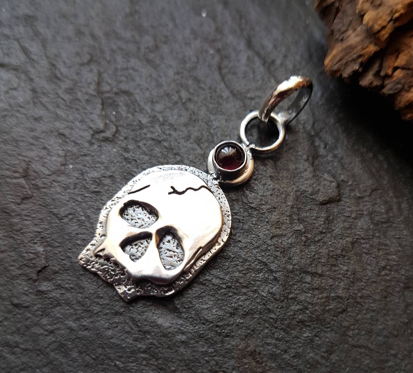 Silver Skull Necklace with textured layers and garnet  Sterling Skull pendant with silver chain