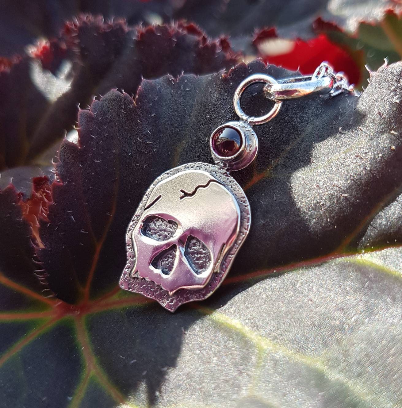 Silver Skull Necklace with textured layers and garnet  Sterling Skull pendant with silver chain