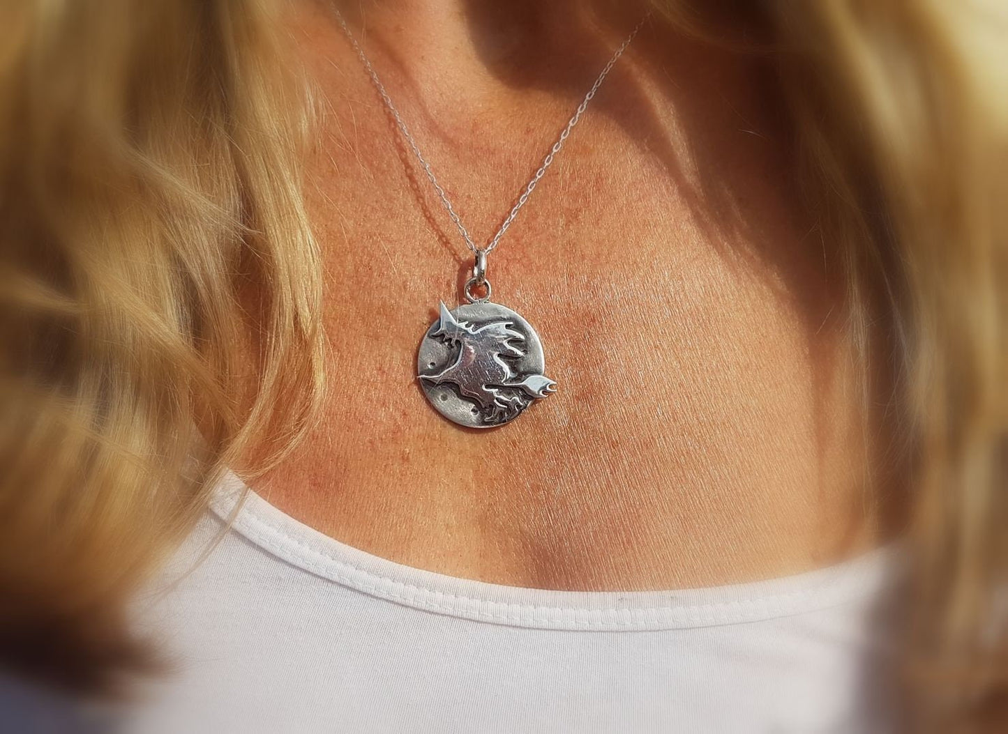 Silver flying witch pendant , crescent moon sterling pendant with witch on a broomstick