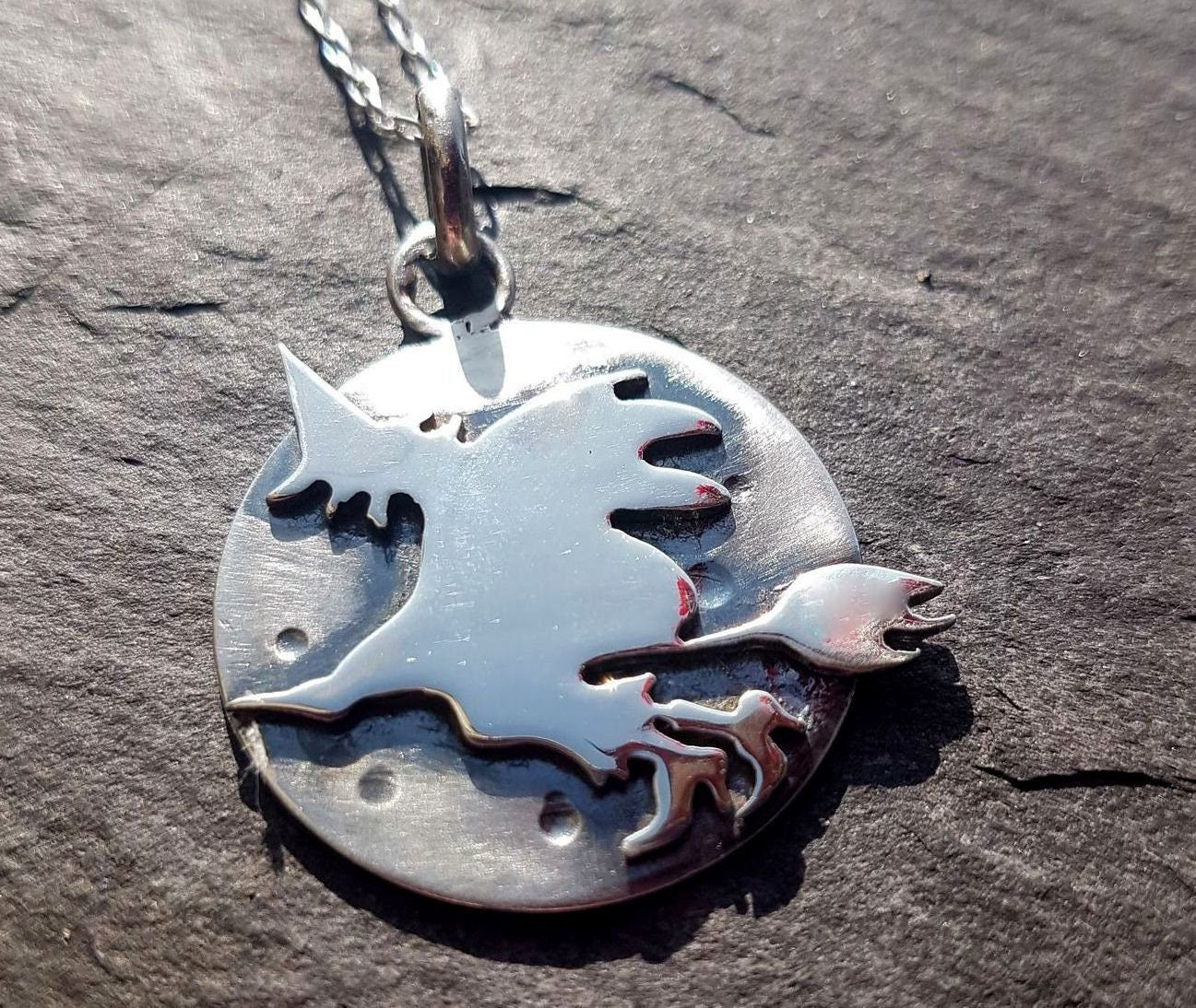Silver flying witch pendant , crescent moon sterling pendant with witch on a broomstick