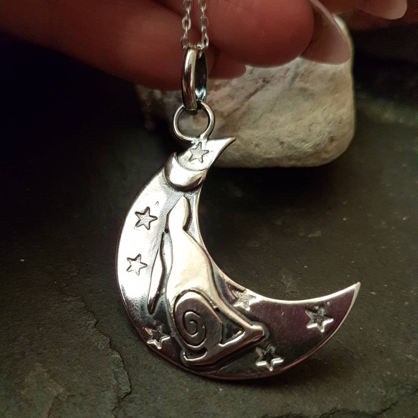 Silver Crescent Moon  with moon gazing hare and stars  Pendant necklace Stamped large crescent moon pendant with chain