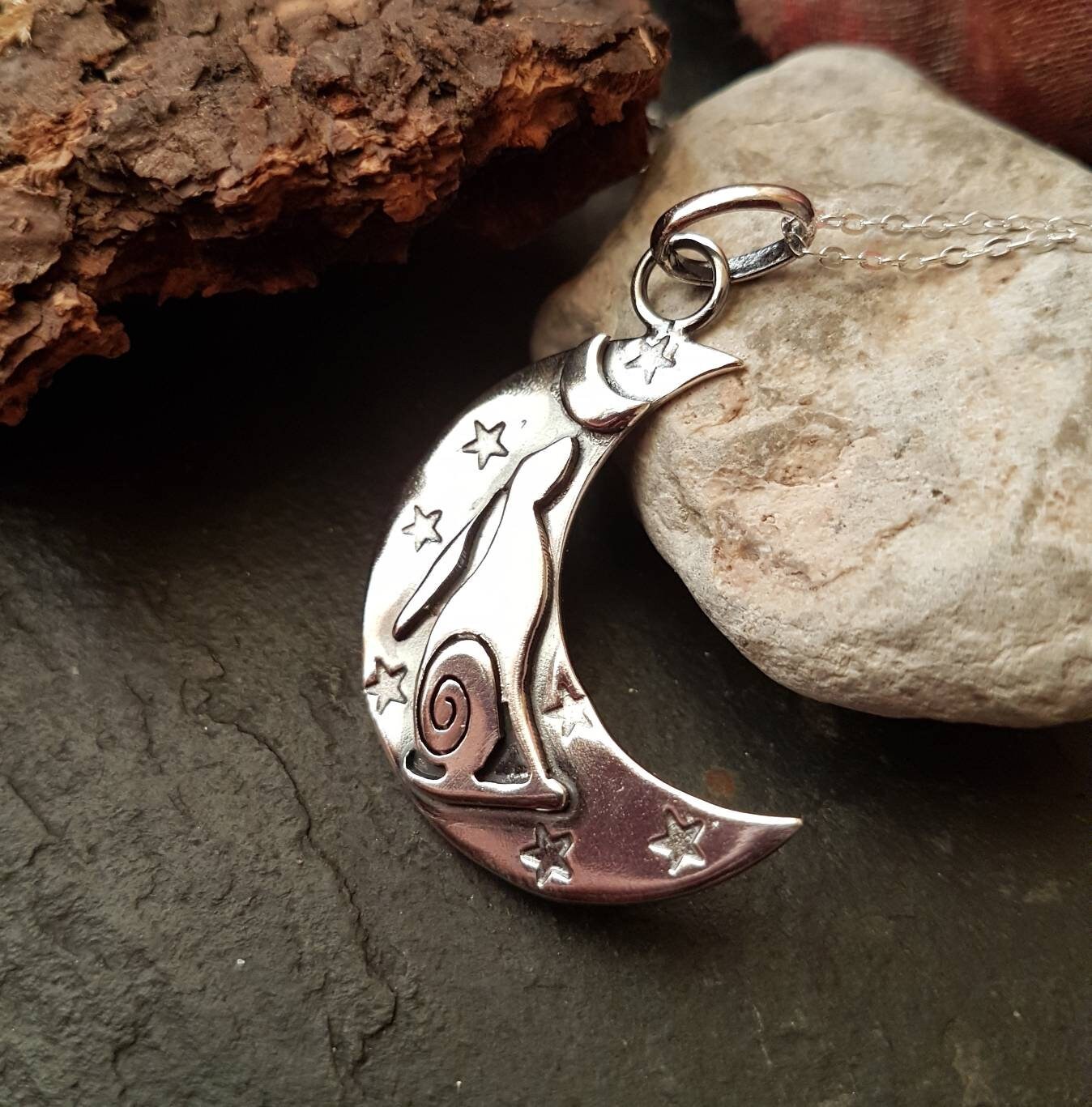 Silver Crescent Moon  with moon gazing hare and stars  Pendant necklace Stamped large crescent moon pendant with chain
