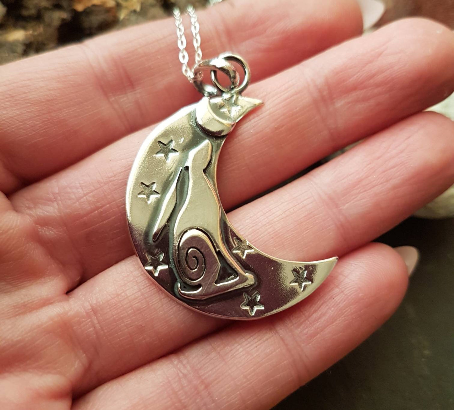 Silver Crescent Moon  with moon gazing hare and stars  Pendant necklace Stamped large crescent moon pendant with chain
