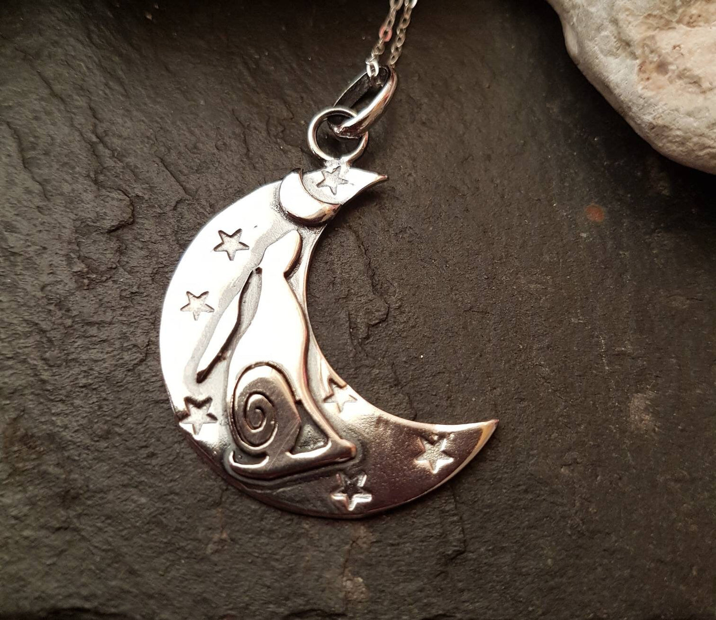 Silver Crescent Moon  with moon gazing hare and stars  Pendant necklace Stamped large crescent moon pendant with chain