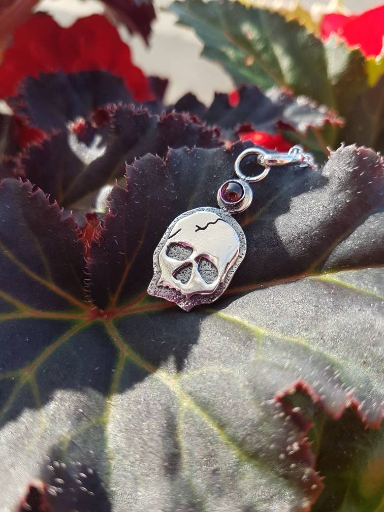Silver Skull Necklace with textured layers and garnet  Sterling Skull pendant with silver chain