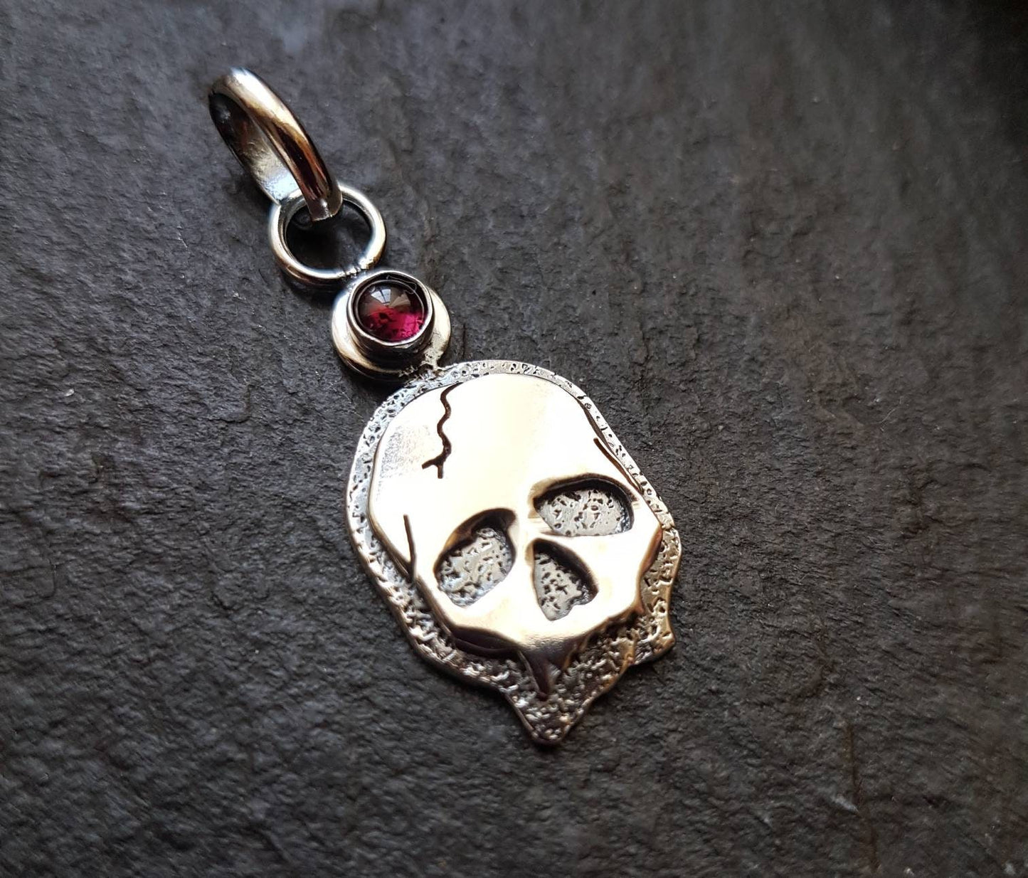 Silver Skull Necklace with textured layers and garnet  Sterling Skull pendant with silver chain