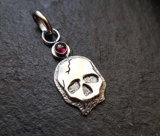 Silver Skull Necklace with textured layers and garnet  Sterling Skull pendant with silver chain