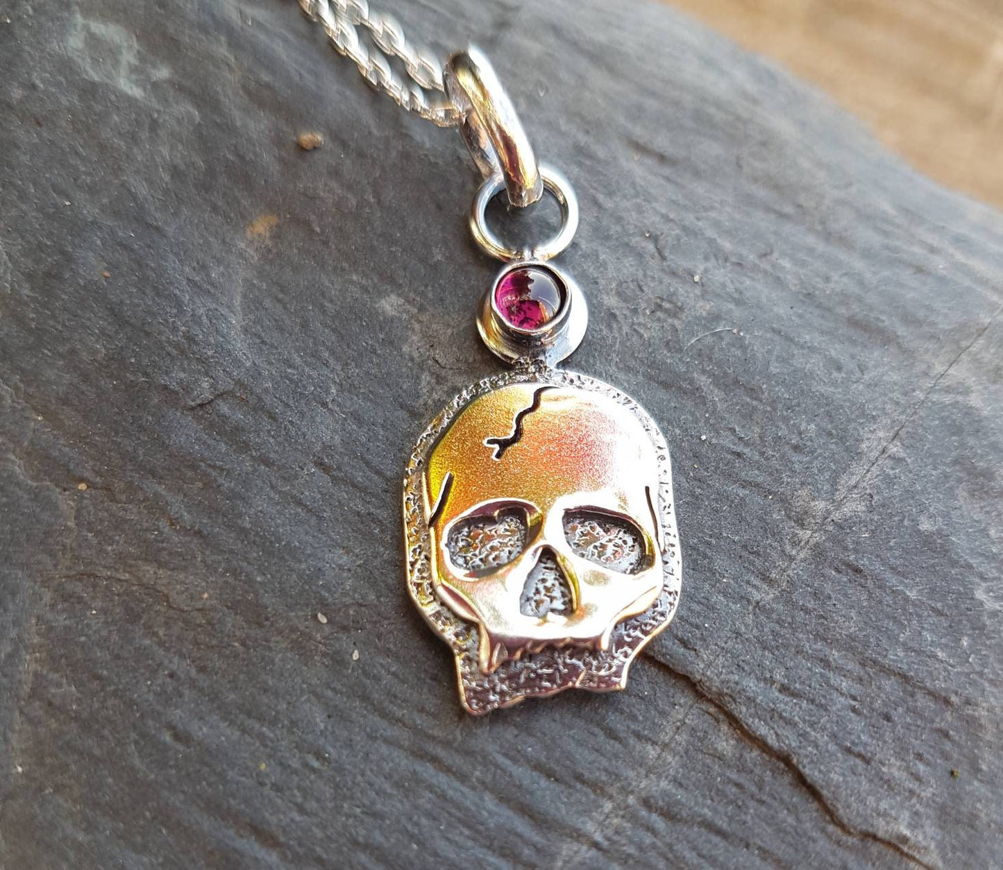 Silver Skull Necklace with textured layers and garnet  Sterling Skull pendant with silver chain