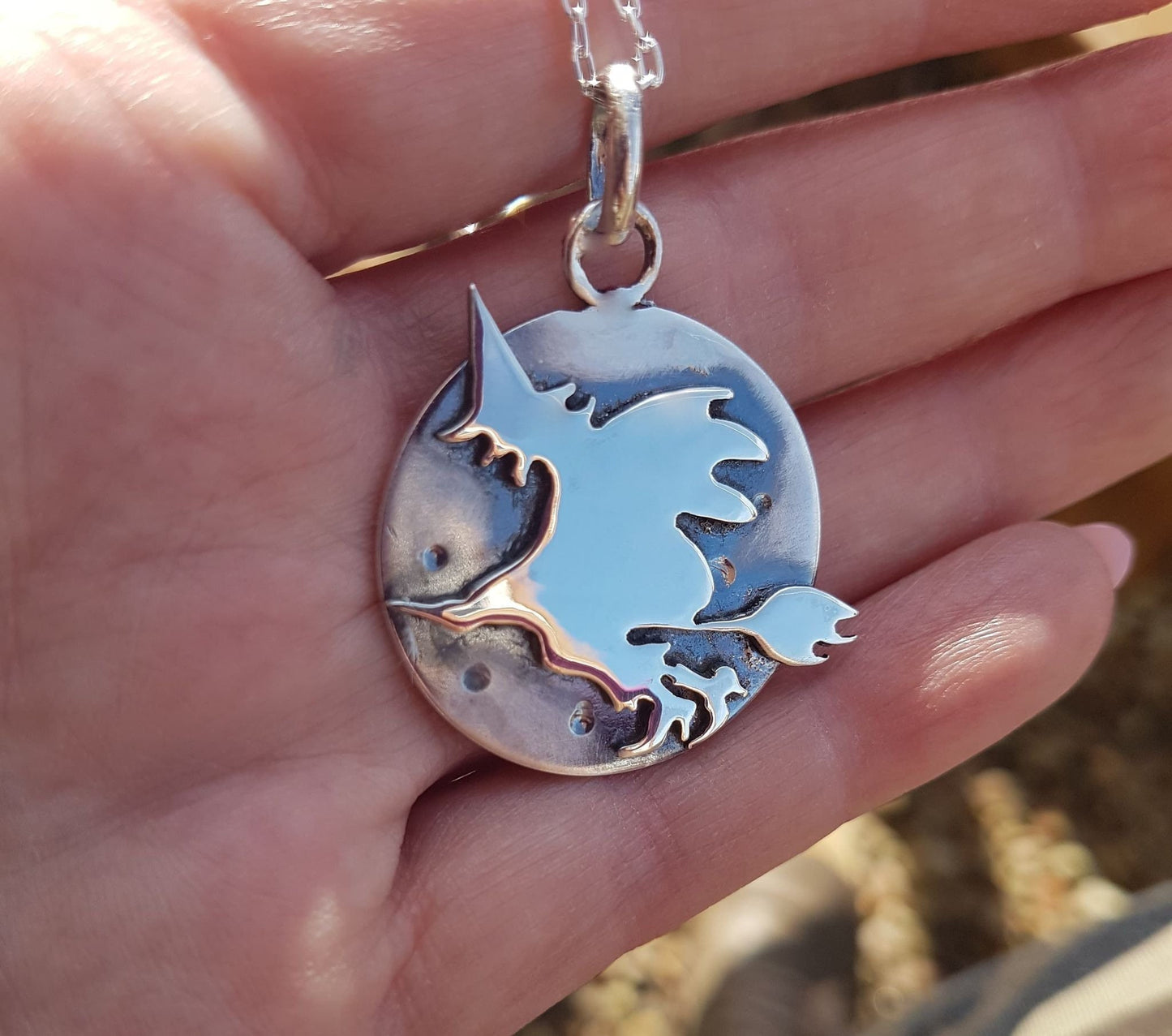 Silver flying witch pendant , crescent moon sterling pendant with witch on a broomstick
