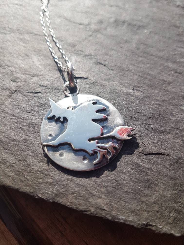 Silver flying witch pendant , crescent moon sterling pendant with witch on a broomstick