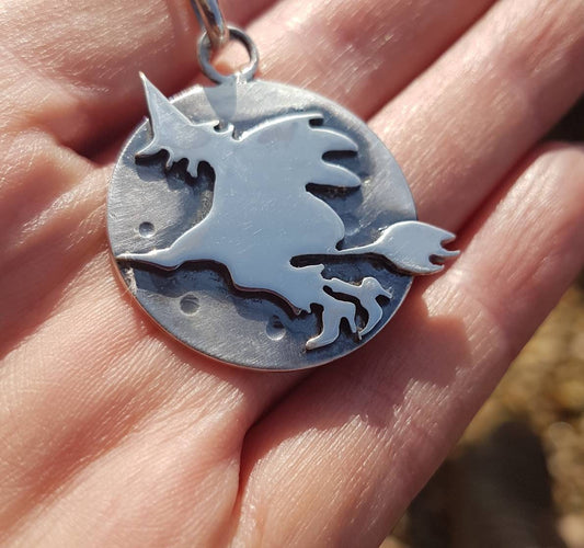 Silver flying witch pendant , crescent moon sterling pendant with witch on a broomstick