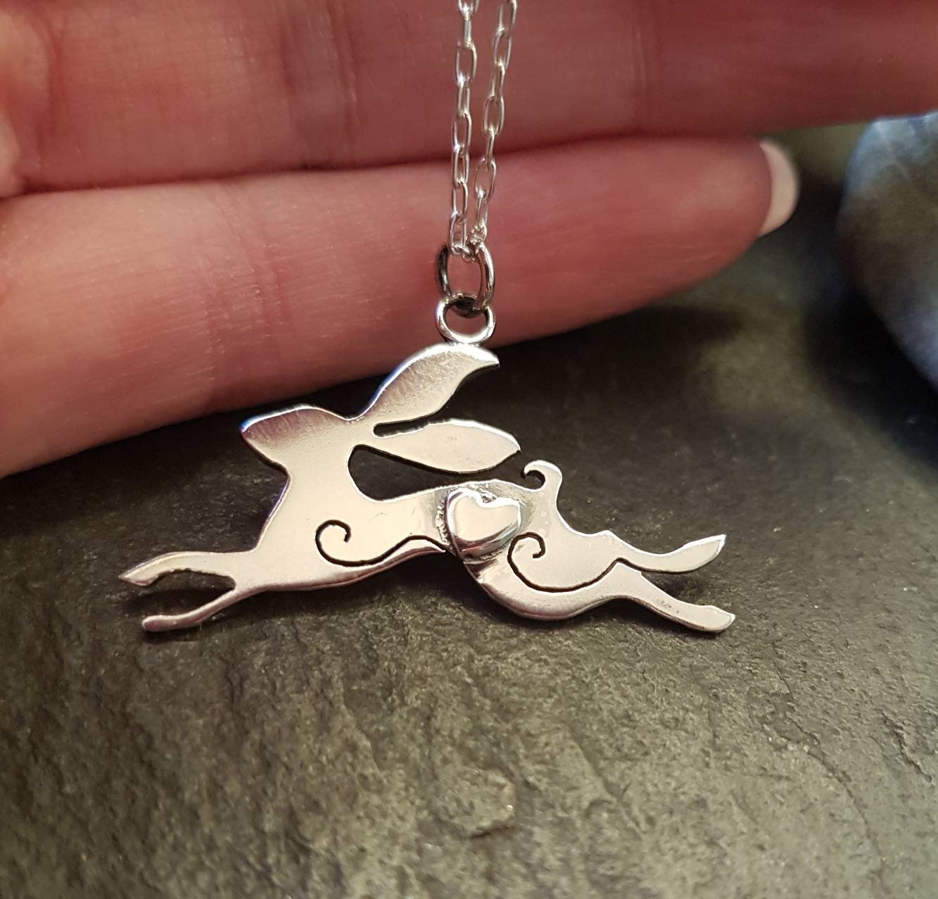 Silver leaping Hare handmade Pendant necklace with little heart