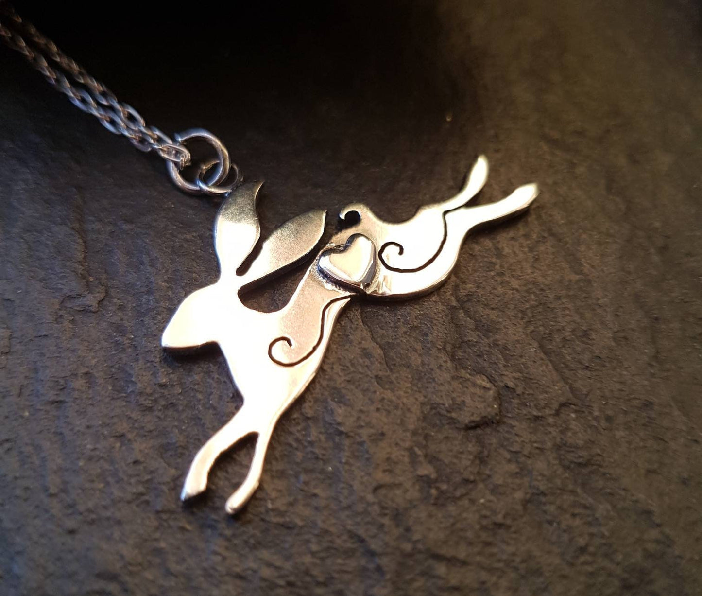 Silver leaping Hare handmade Pendant necklace with little heart