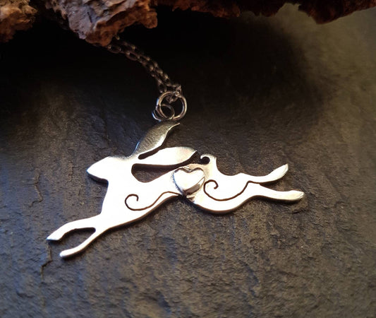 Silver leaping Hare handmade Pendant necklace with little heart