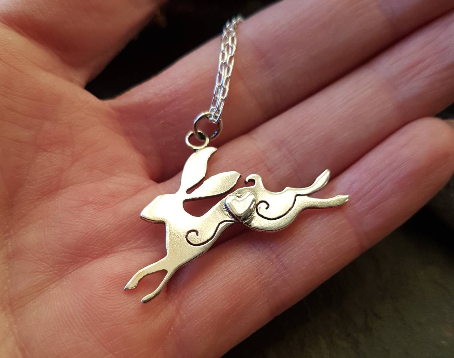 Silver leaping Hare handmade Pendant necklace with little heart