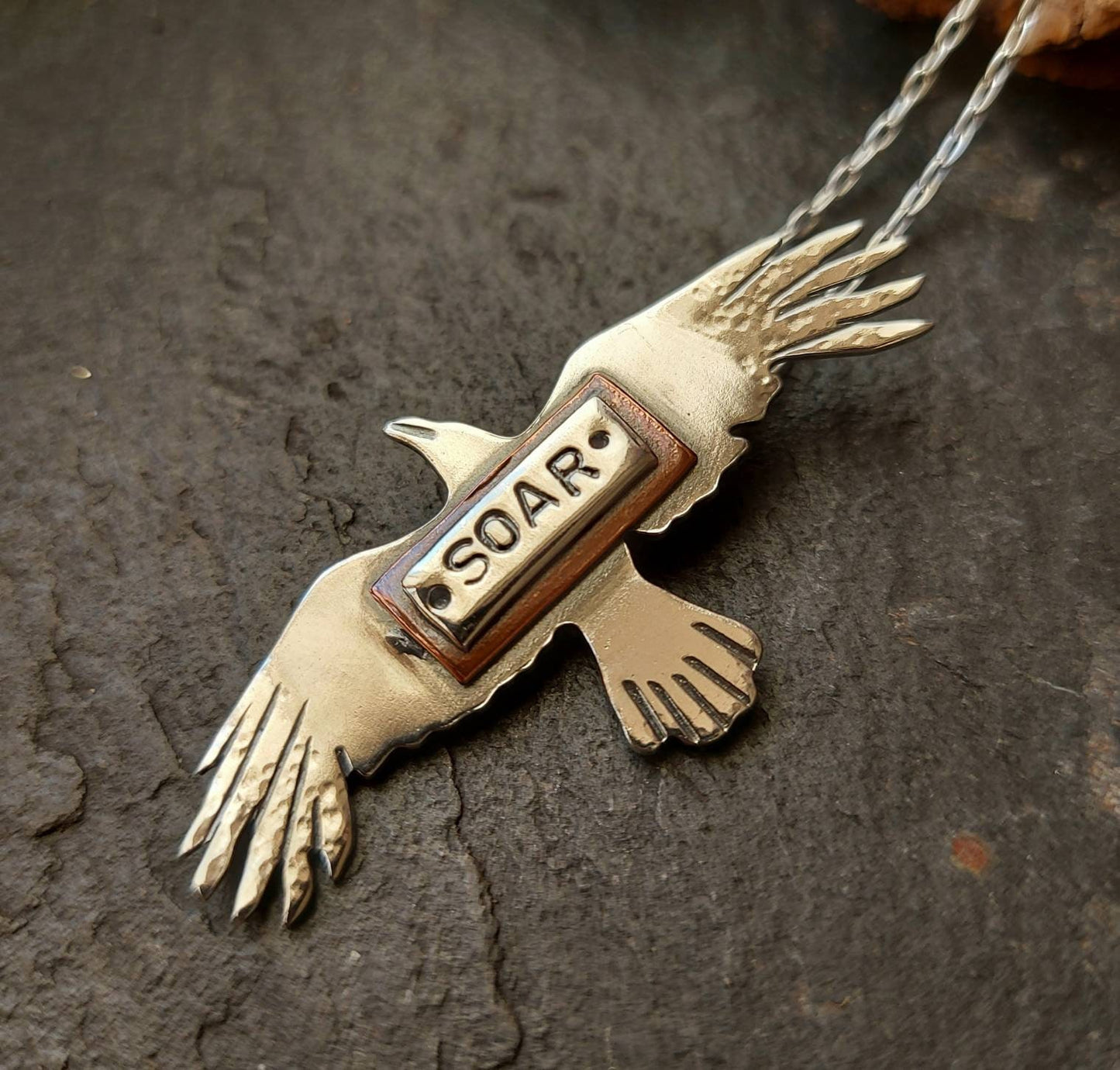 Silver bird necklace, flying sterling raven / bird necklace with copper and stamped details