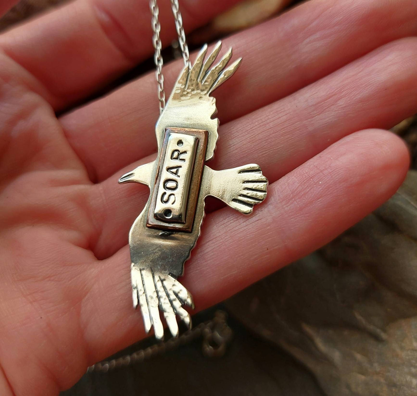 Silver bird necklace, flying sterling raven / bird necklace with copper and stamped details