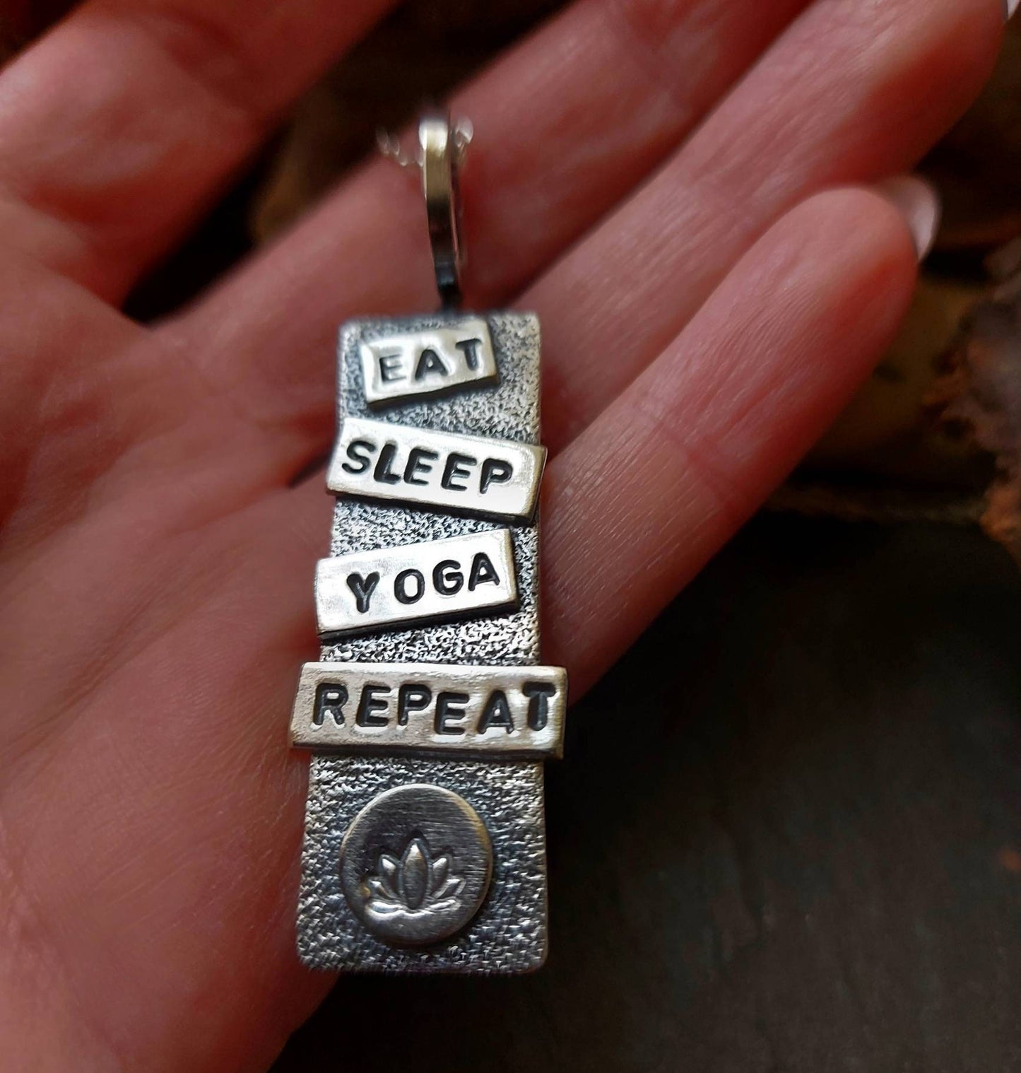 Silver Yoga quote pendant with lotus  Sterling gift for women design necklace with trace chain