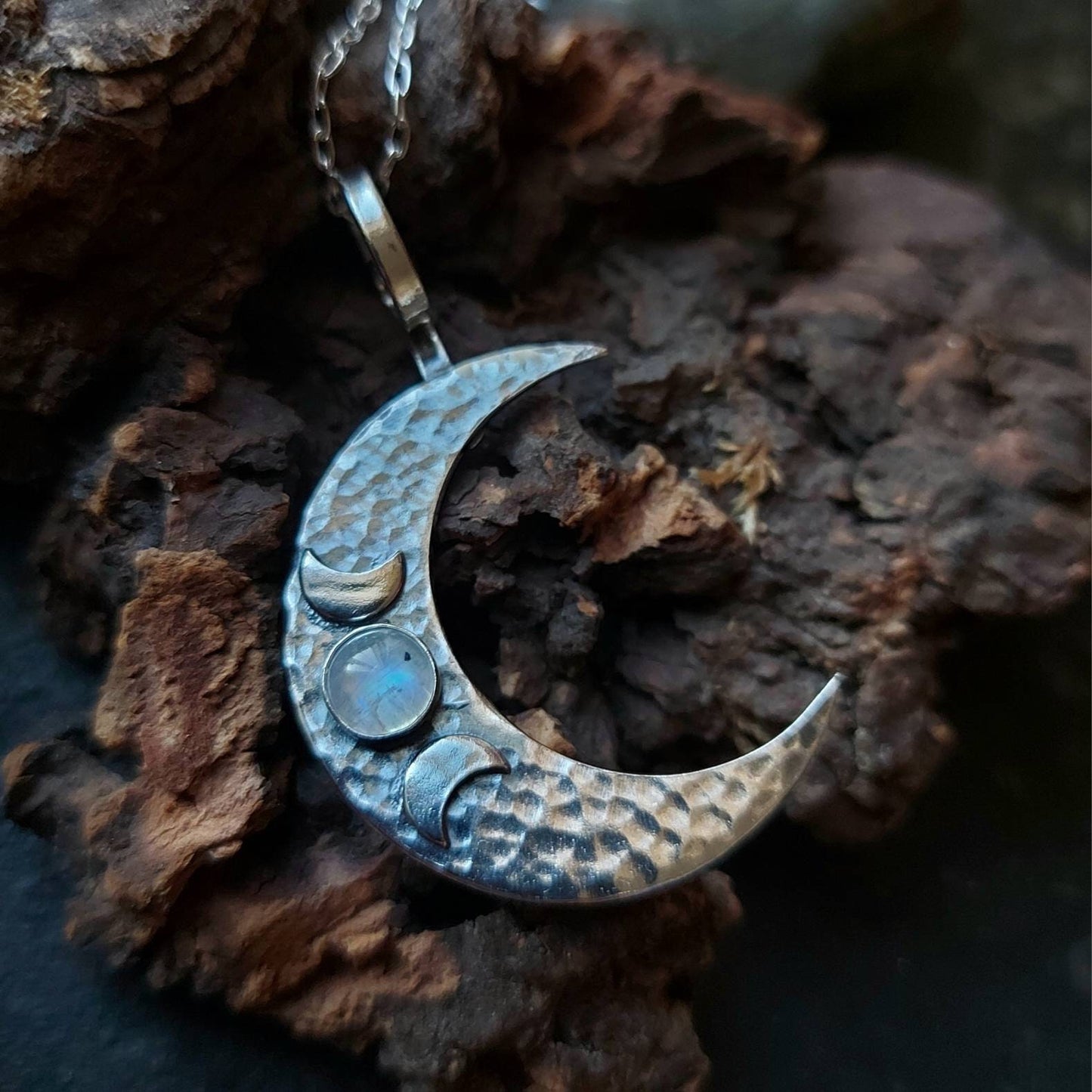 Silver Crescent Moon moonstone Hammered triple moon  Pendant   Textured moon gemstone necklace with chain