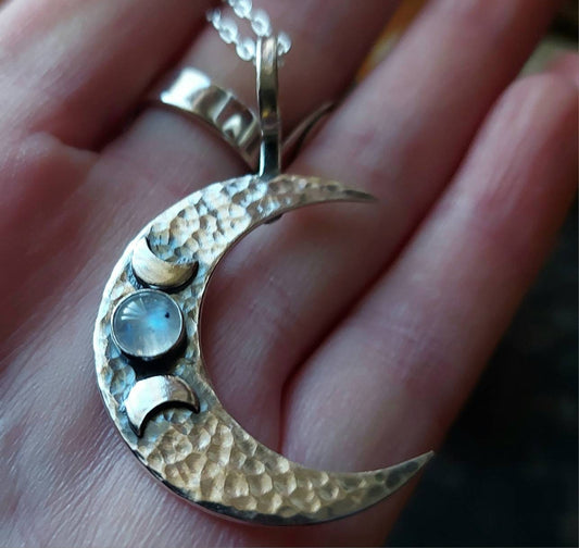 Silver Crescent Moon moonstone Hammered triple moon  Pendant   Textured moon gemstone necklace with chain