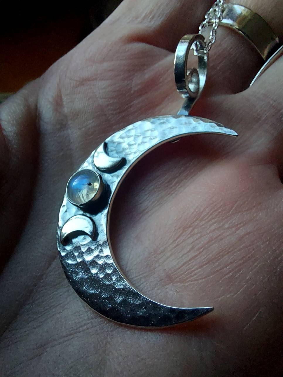 Silver Crescent Moon moonstone Hammered triple moon  Pendant   Textured moon gemstone necklace with chain