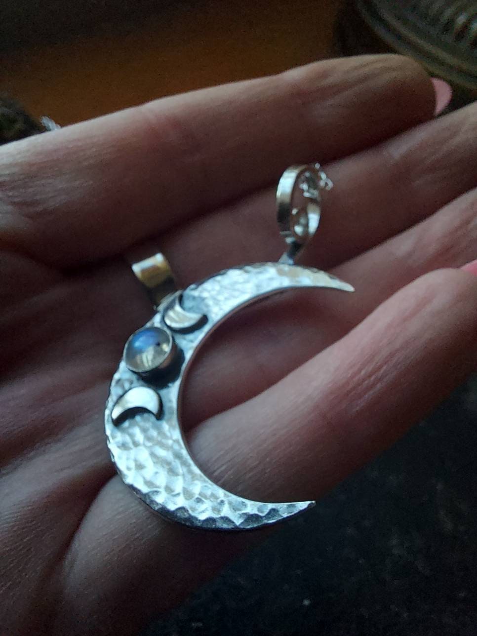 Silver Crescent Moon moonstone Hammered triple moon  Pendant   Textured moon gemstone necklace with chain