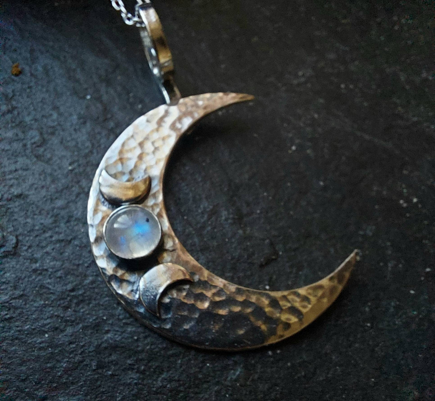 Silver Crescent Moon moonstone Hammered triple moon  Pendant   Textured moon gemstone necklace with chain