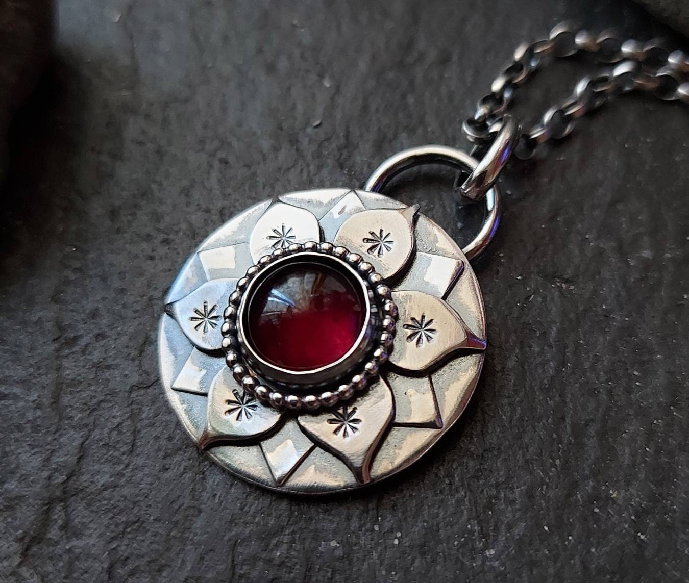 Silver Garnet Lotus Flower pendant necklace Silver  Water Lily Pendant