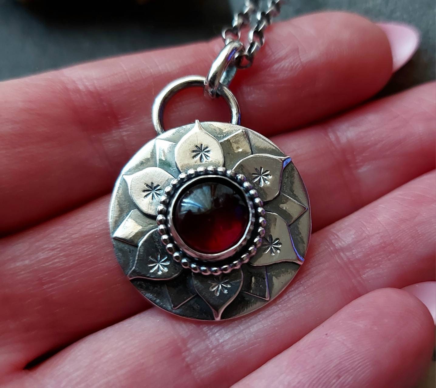 Silver Garnet Lotus Flower pendant necklace Silver  Water Lily Pendant