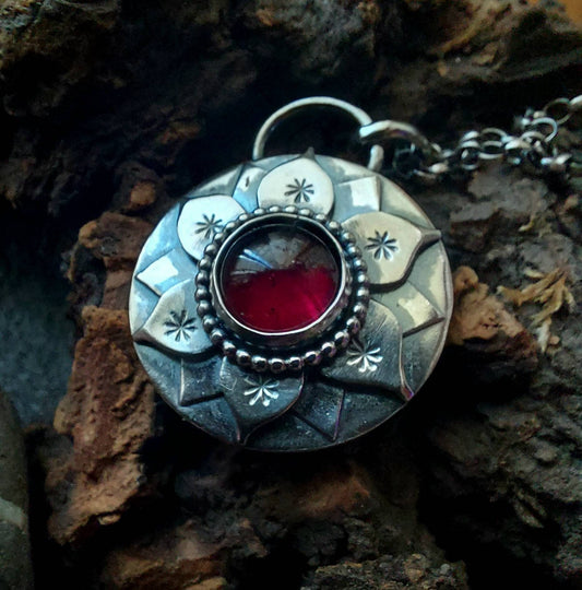 Silver Garnet Lotus Flower pendant necklace Silver  Water Lily Pendant
