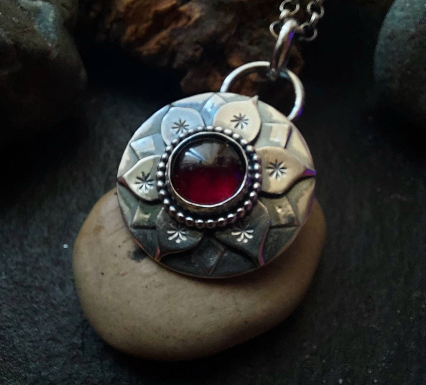 Silver Garnet Lotus Flower pendant necklace Silver  Water Lily Pendant