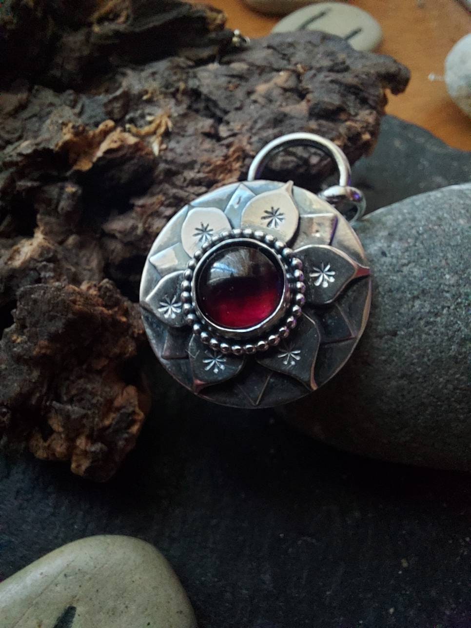 Silver Garnet Lotus Flower pendant necklace Silver  Water Lily Pendant