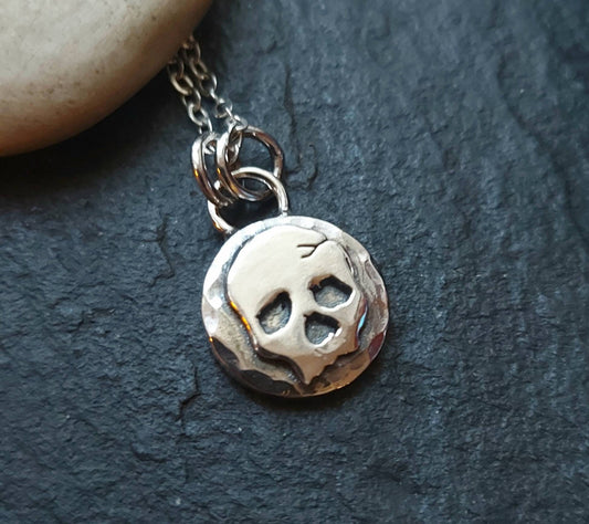Silver skull pendant , small chunky sterling silver skull charm pendant
