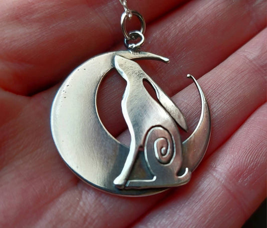 Silver Hare and moon necklace ,pendant Hare crescent moon pendant in sterling silver