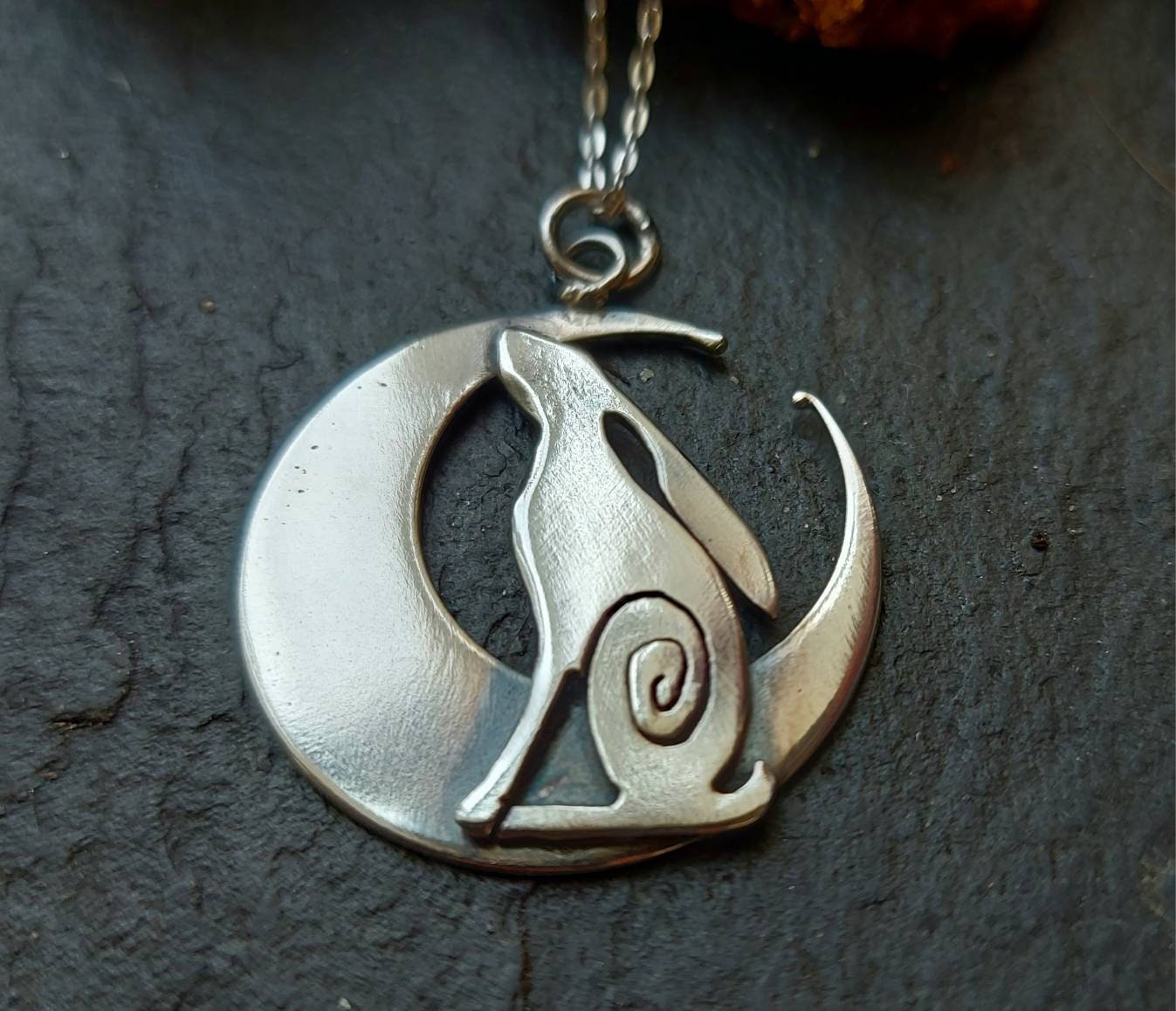 Silver Hare and moon necklace ,pendant Hare crescent moon pendant in sterling silver