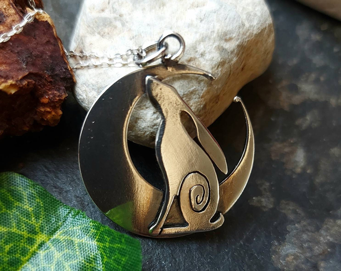 Silver Hare and moon necklace ,pendant Hare crescent moon pendant in sterling silver