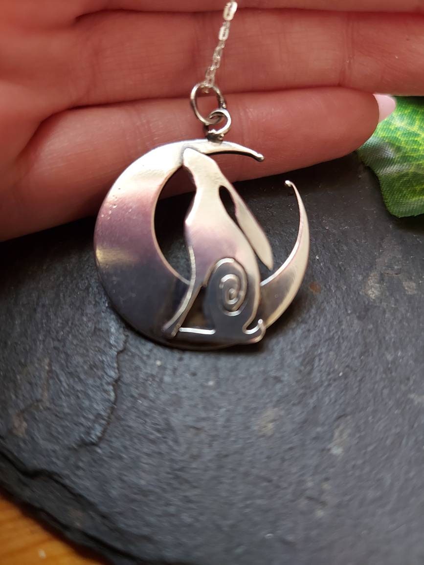 Silver Hare and moon necklace ,pendant Hare crescent moon pendant in sterling silver