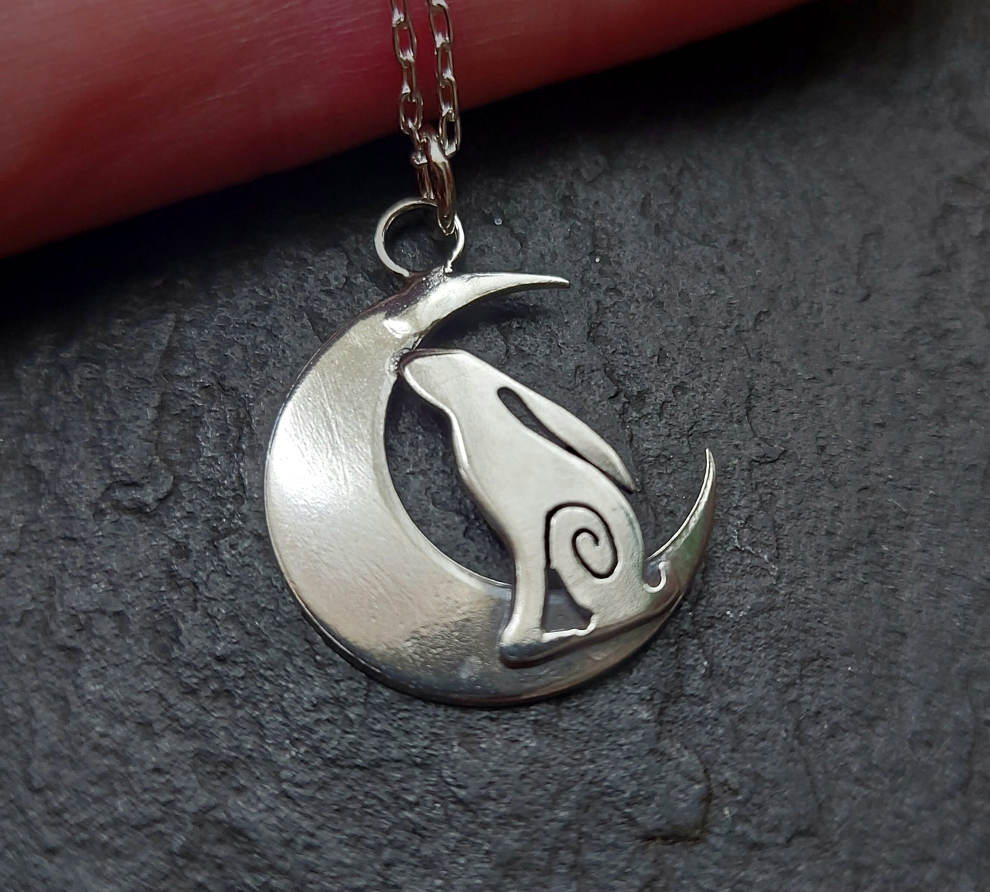 Small Silver Hare and moon necklace ,pendant Hare crescent moon pendant in sterling silver