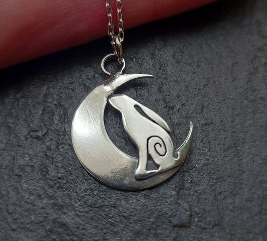 Small Silver Hare and moon necklace ,pendant Hare crescent moon pendant in sterling silver