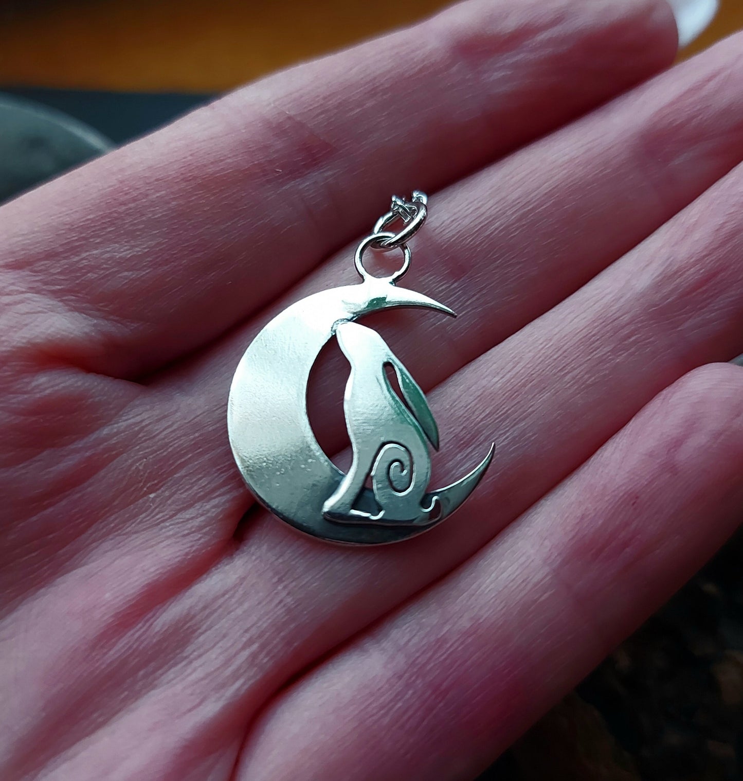 Small Silver Hare and moon necklace ,pendant Hare crescent moon pendant in sterling silver